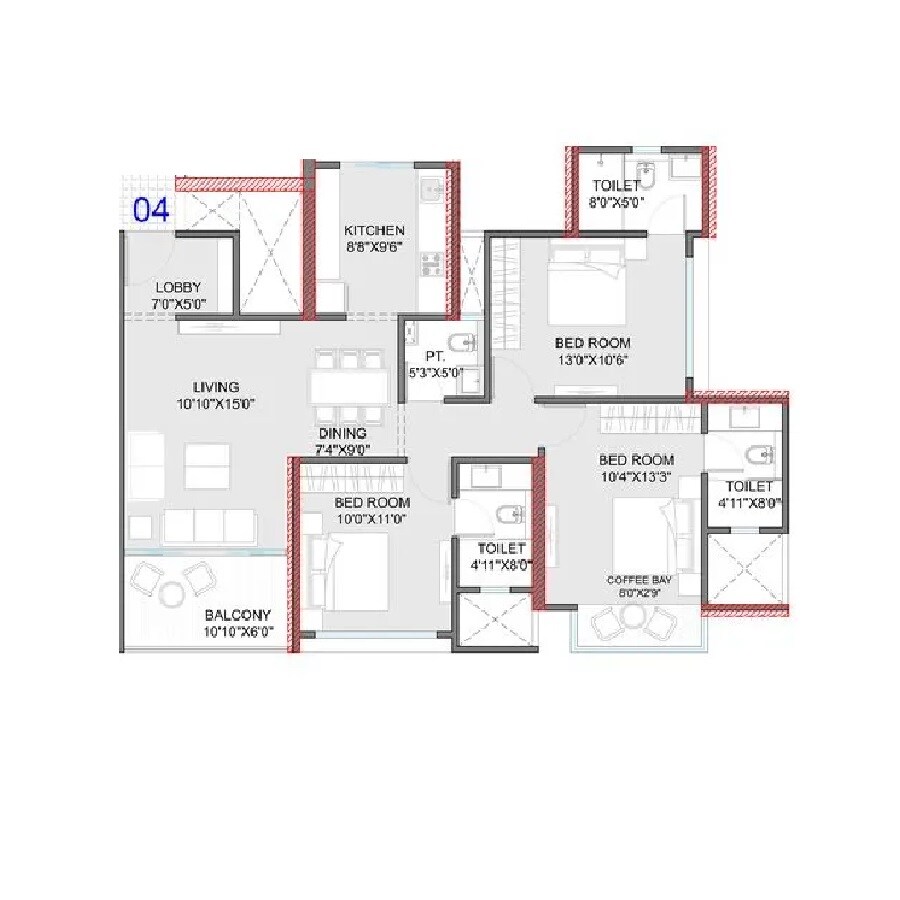 Floor plan of 3 BHK 1247 Sq. Ft. Apartment in ANP Autograph, Pune