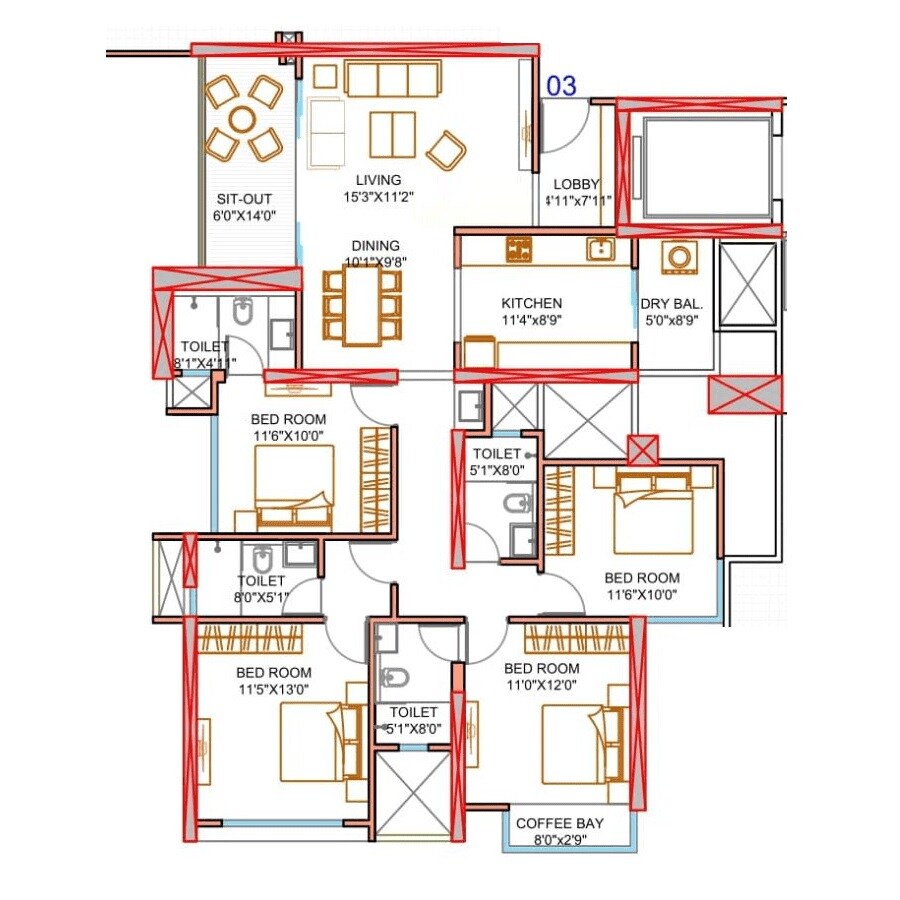 Floor plan of 4 BHK 1777 Sq. Ft. Apartment in ANP Autograph, Pune