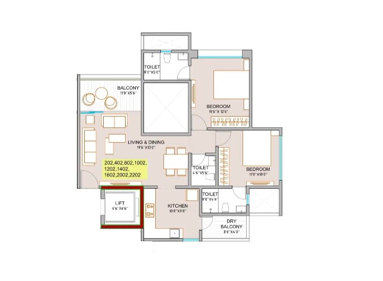 Floor plan of 2 BHK 805 Sq. Ft. Apartment in ANP Memento, Pune