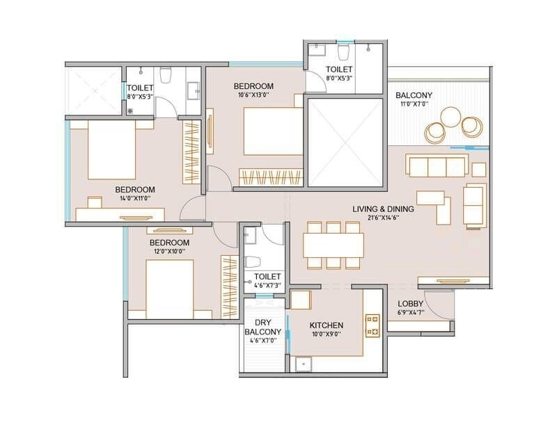 Floor plan of 3 BHK 1068 Sq. Ft. Apartment in ANP Memento, Pune