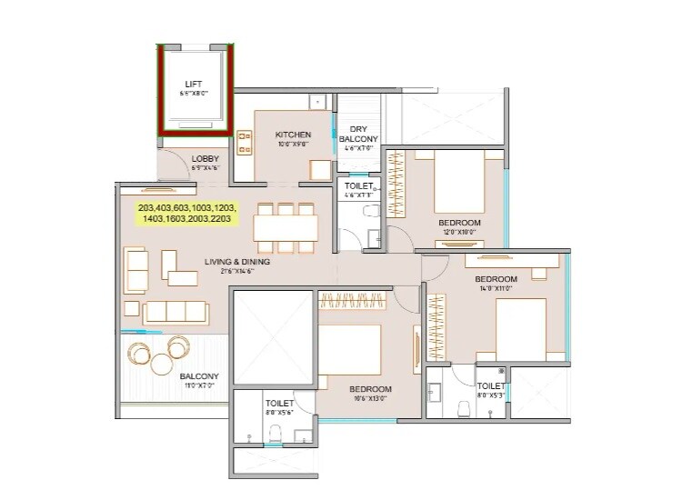 Floor plan of 3 BHK 1106 Sq. Ft. Apartment in ANP Memento, Pune