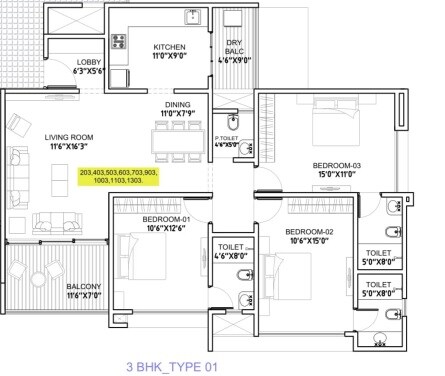 Floor plan of 3 BHK 1279 Sq. Ft. Apartment in ANP Universe, Pune