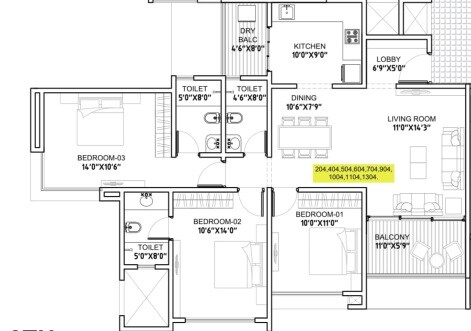 Floor plan of 3 BHK 1171 Sq. Ft. Apartment in ANP Universe, Pune