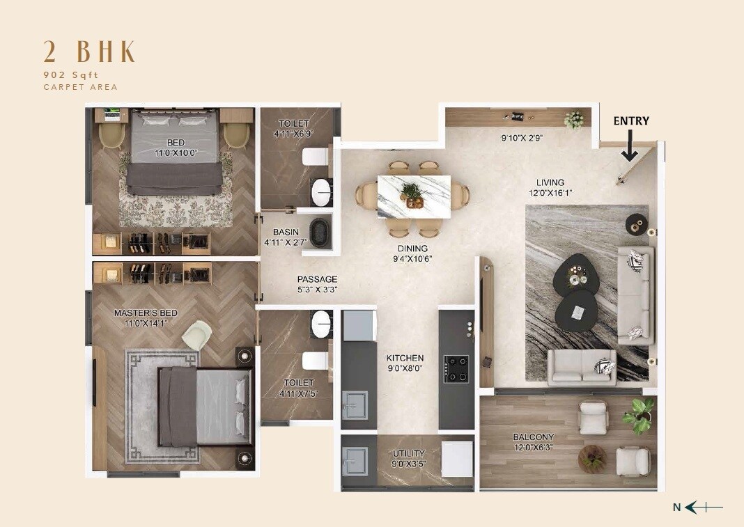Floor plan of 2 BHK 902 Sq. Ft. Apartment in Anshu Laukik, Pune