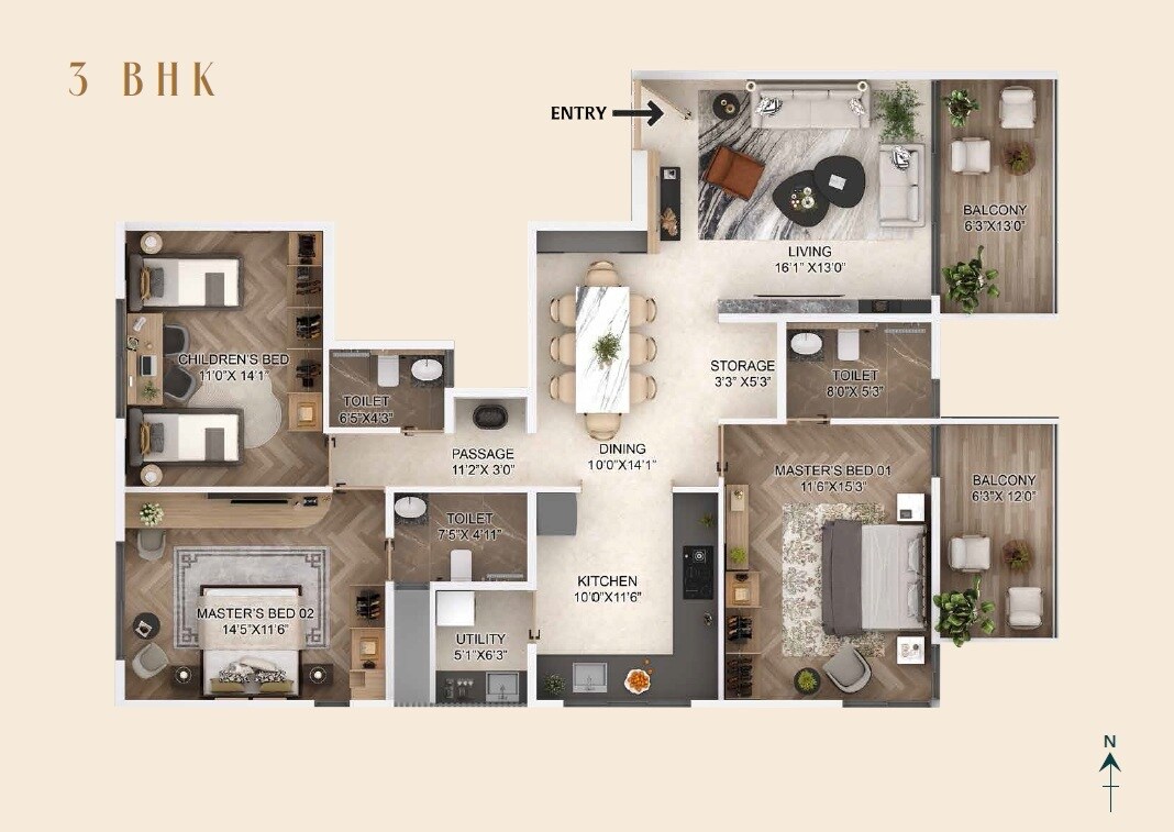 Floor plan of 3 BHK 1351 Sq. Ft. Apartment in Anshu Laukik, Pune