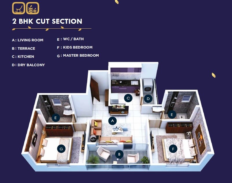 Floor plan of 2 BHK 564 Sq. Ft. Apartment in Anshul Arnav Dopioo, Pune