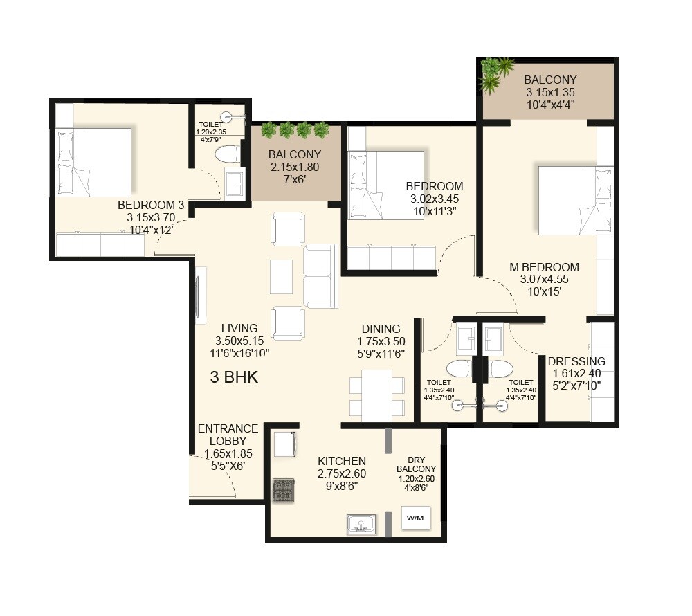 Floor plan of 3 BHK 1118 Sq. Ft. Apartment in Anshul Casa, Pune