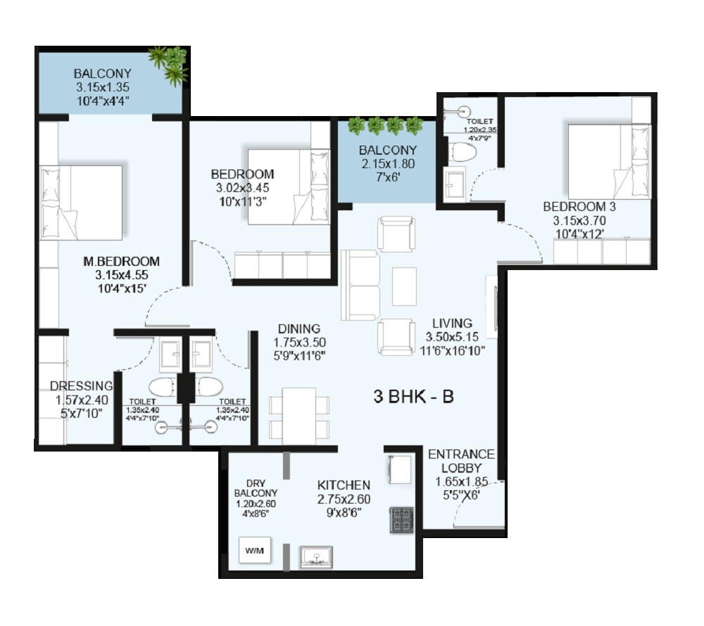 Floor plan of 3 BHK 1163 Sq. Ft. Apartment in Anshul Casa, Pune