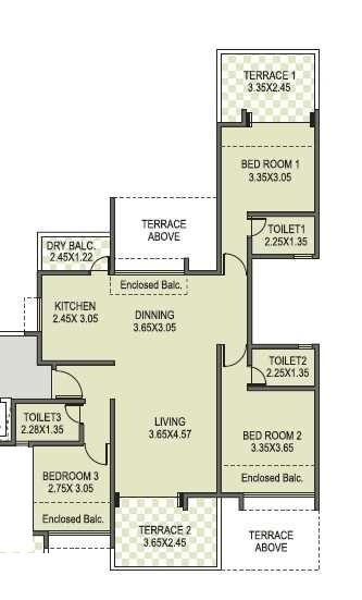 Floor plan of 3 BHK 858 Sq. Ft. Apartment in Anshul Eva, Pune