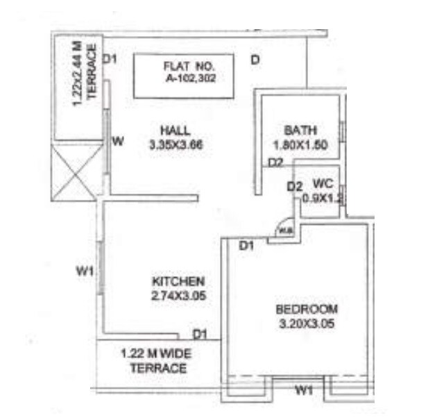 Floor plan of 1 BHK 530 Sq. Ft. Apartment in Anuradha Shree Sai Datta, Pune