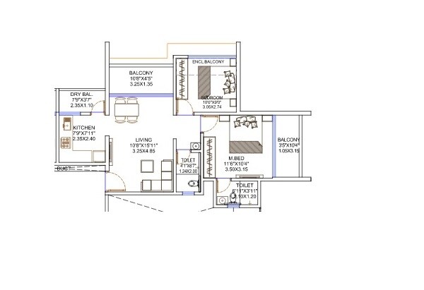 Floor plan of 2 BHK 680 Sq. Ft. Apartment in Anushree Auralia Residency, Pune