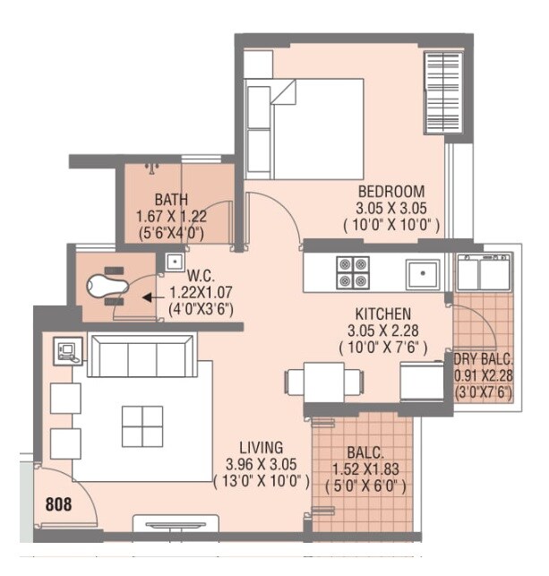 Floor plan of 1 BHK 418 Sq. Ft. Apartment in AP Pinnacle, Pune