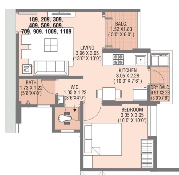 Floor plan of 1 BHK 421 Sq. Ft. Apartment in AP Pinnacle, Pune