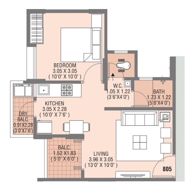 Floor plan of 1 BHK 428 Sq. Ft. Apartment in AP Pinnacle, Pune