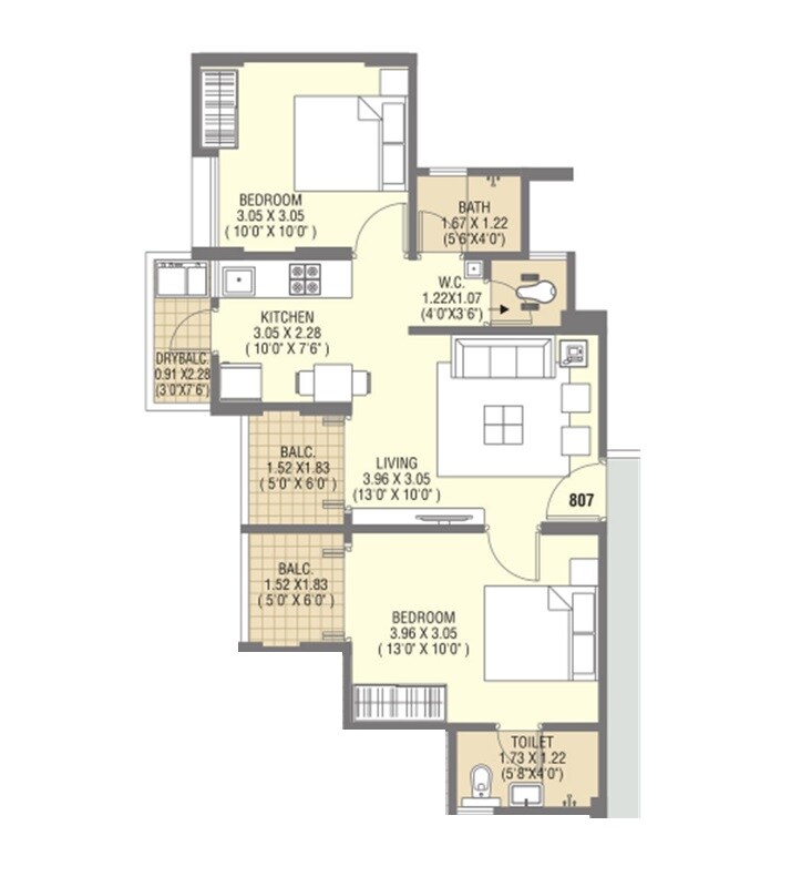 Floor plan of 2 BHK 628 Sq. Ft. Apartment in AP Pinnacle, Pune