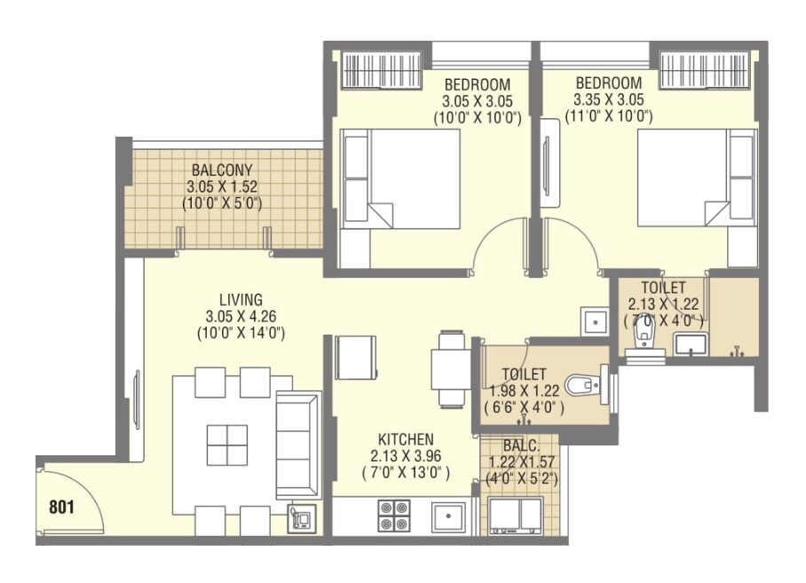 Floor plan of 2 BHK 640 Sq. Ft. Apartment in AP Pinnacle, Pune