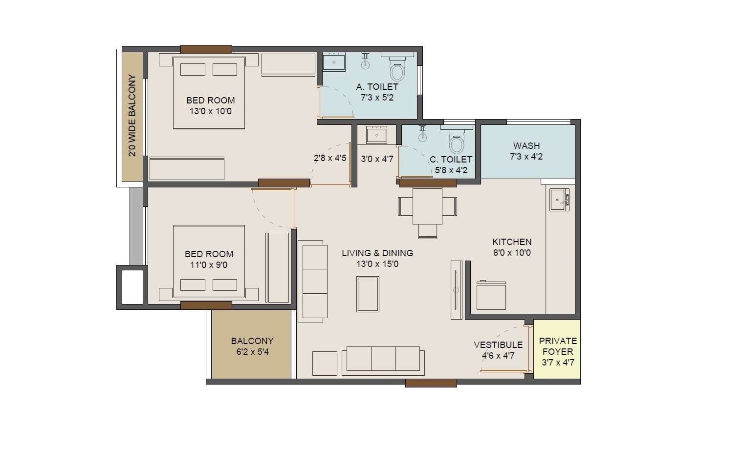 Floor plan of 2 BHK 735 Sq. Ft. Apartment in Apex Vedantaa, Pune