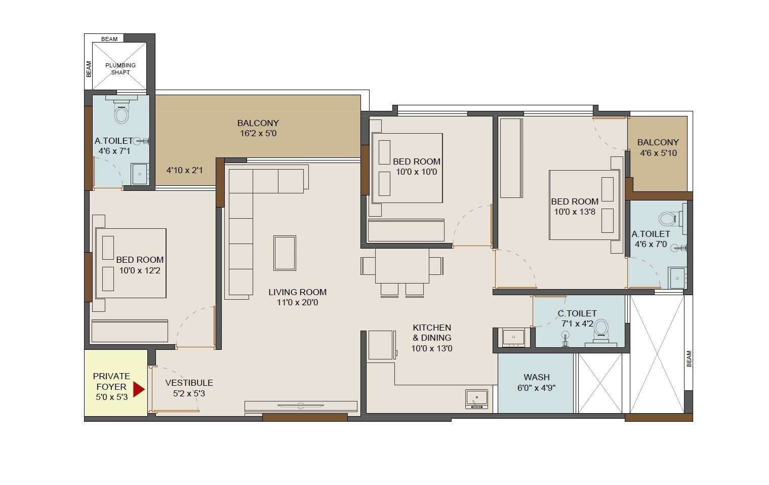 Floor plan of 3 BHK 1064 Sq. Ft. Apartment in Apex Vedantaa, Pune