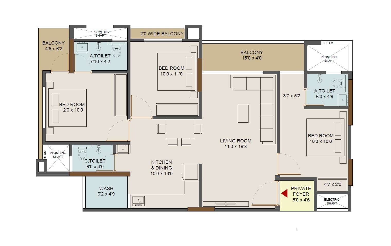 Floor plan of 3 BHK 991 Sq. Ft. Apartment in Apex Vedantaa, Pune