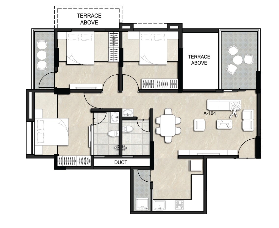 Floor plan of 3 BHK 636 Sq. Ft. Apartment in Aqua Millennium, Pune