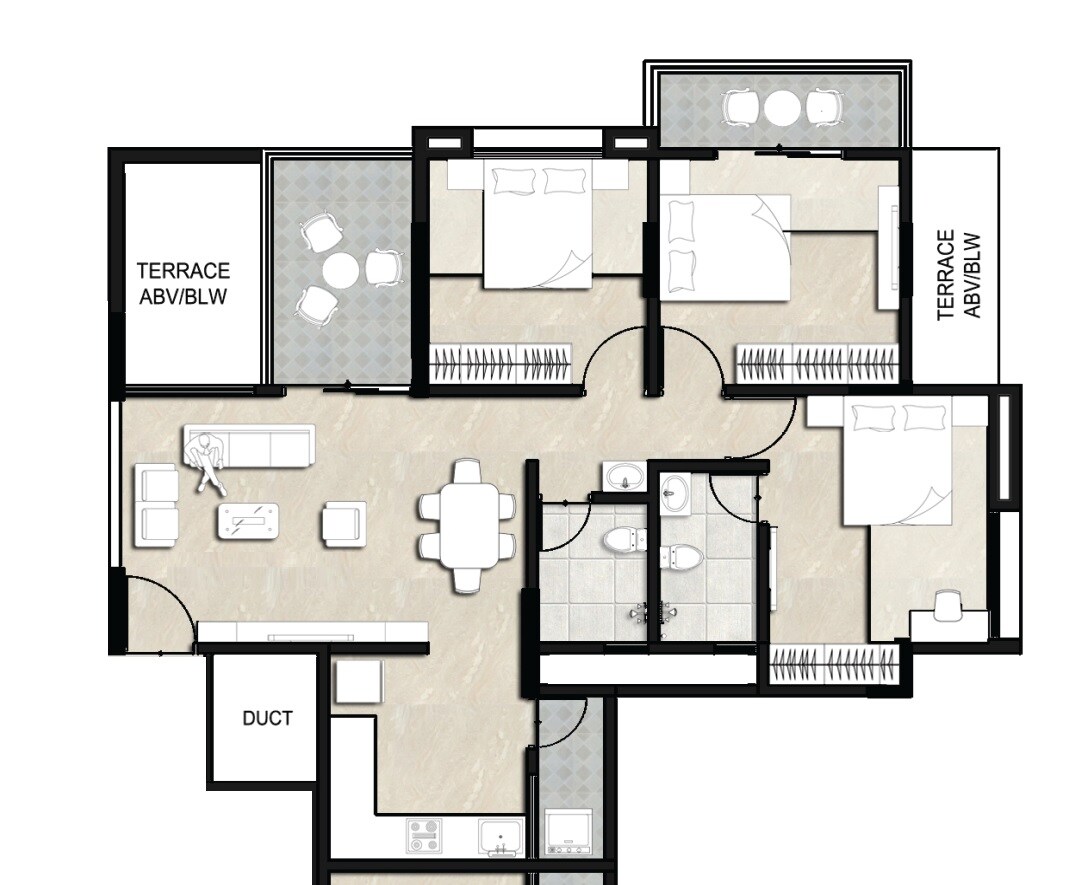 Floor plan of 3 BHK 644 Sq. Ft. Apartment in Aqua Millennium, Pune