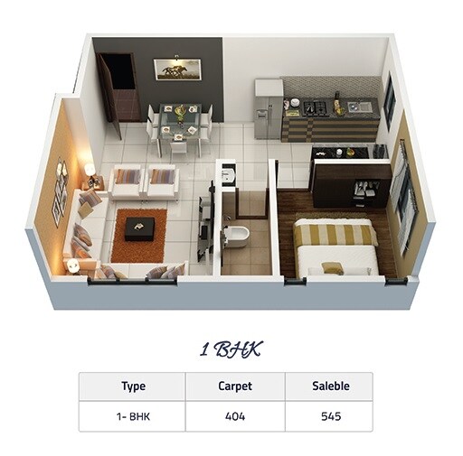 Floor plan of 1 BHK 404 Sq. Ft. Apartment in Aqura Paradise, Pune