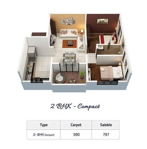Floor plan of 2 BHK 590 Sq. Ft. Apartment in Aqura Paradise, Pune