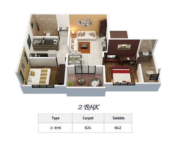 Floor plan of 2 BHK 624 Sq. Ft. Apartment in Aqura Paradise, Pune