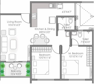 Floor plan of 2 BHK 743 Sq. Ft. Apartment in AR Amora, Pune