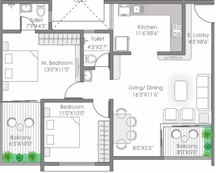 Floor plan of 2 BHK 868 Sq. Ft. Apartment in AR Amora, Pune