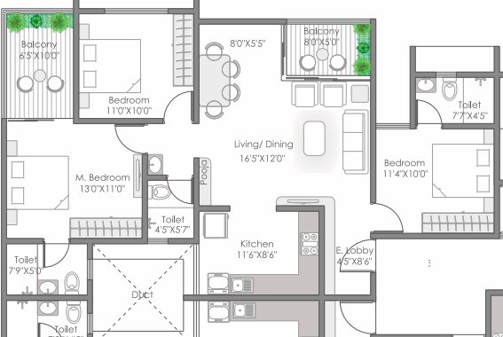 Floor plan of 3 BHK 1003 Sq. Ft. Apartment in AR Amora, Pune