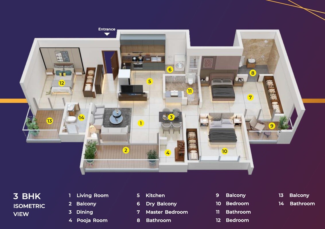 Floor plan of 3 BHK 1058 Sq. Ft. Apartment in AR Atlas, Pune
