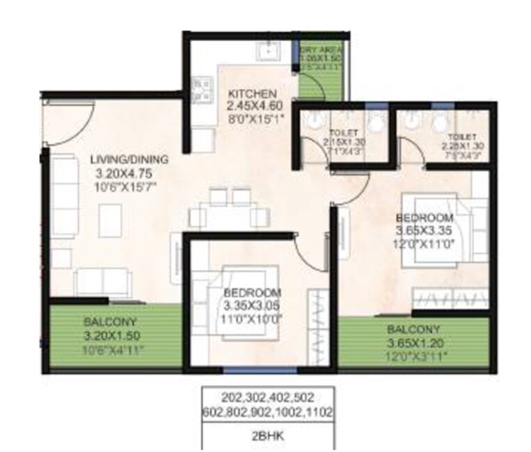 Floor plan of 2 BHK 655 Sq. Ft. Apartment in AR Imperia, Pune