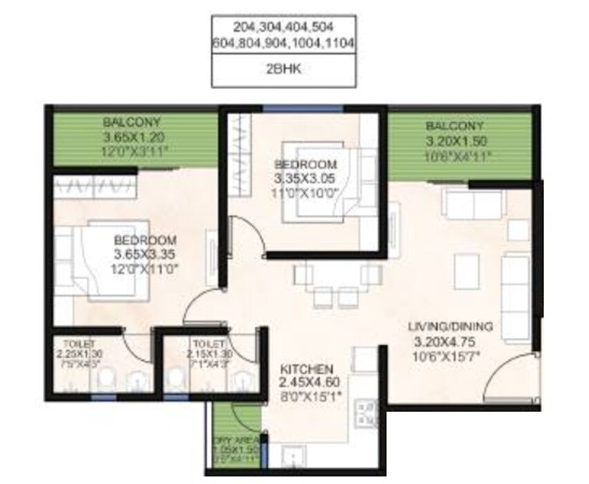 Floor plan of 2 BHK 770 Sq. Ft. Apartment in AR Imperia, Pune