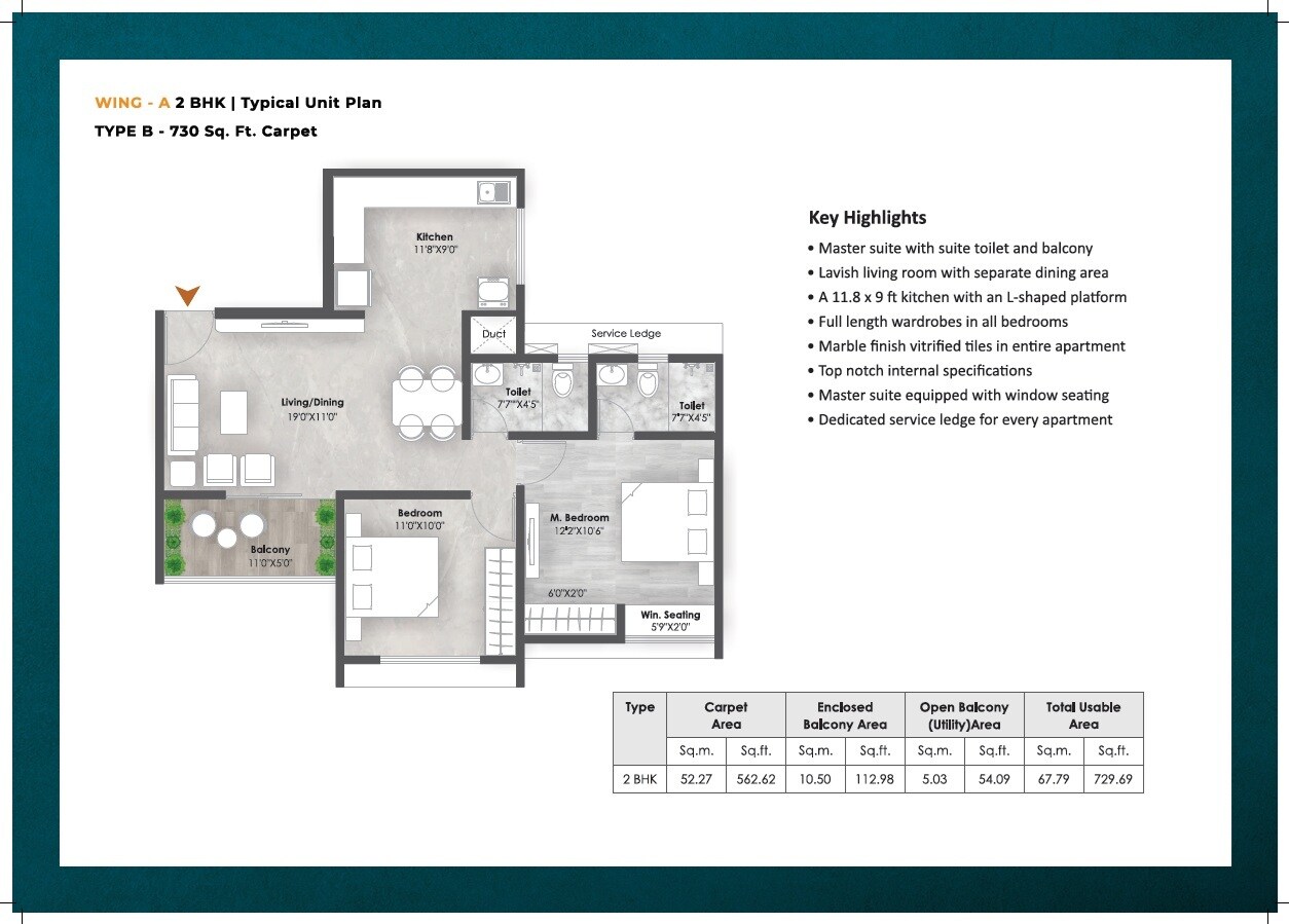Floor plan of 2 BHK 730 Sq. Ft. Apartment in AR Mirador, Pune
