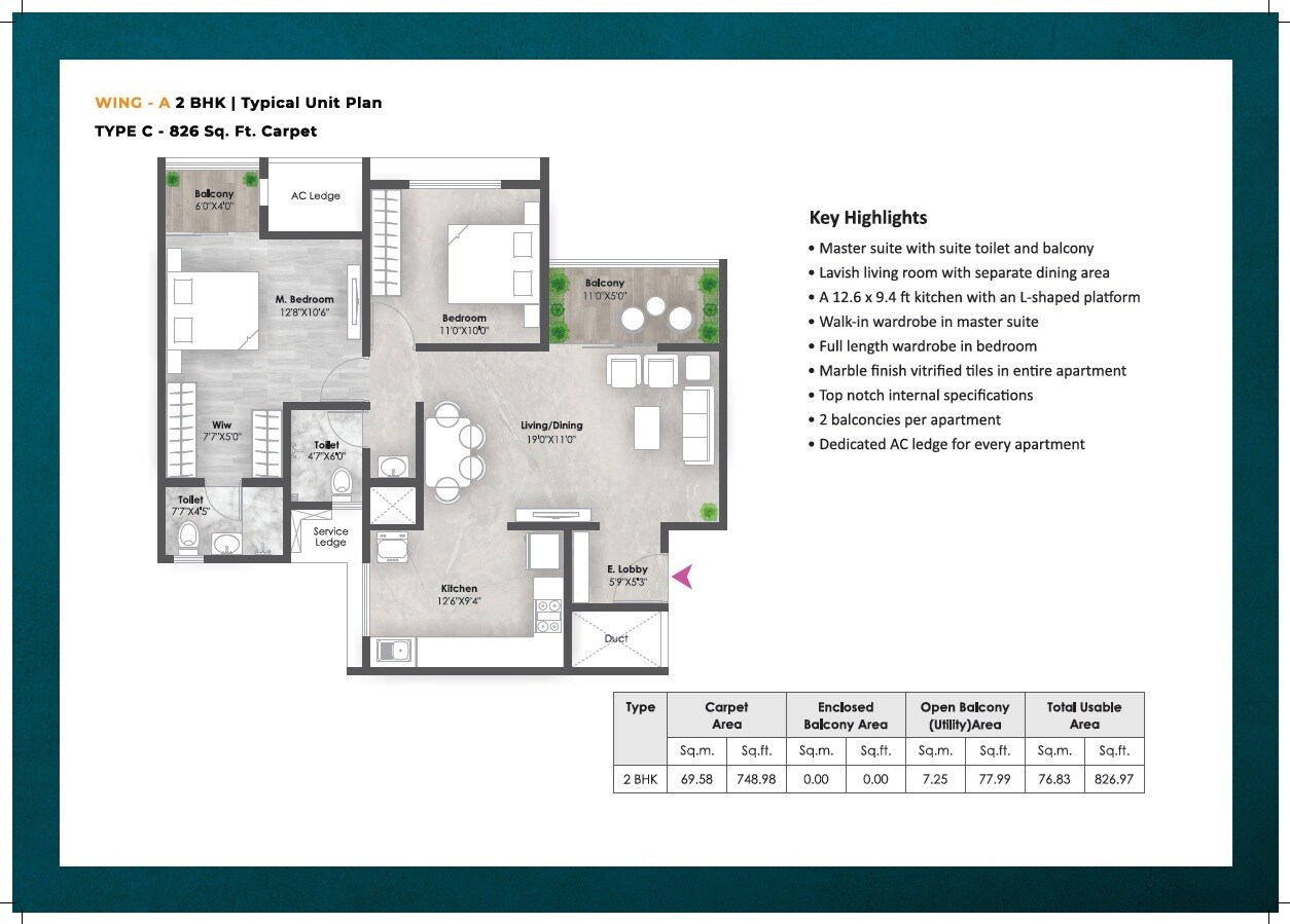Floor plan of 2 BHK 827 Sq. Ft. Apartment in AR Mirador, Pune
