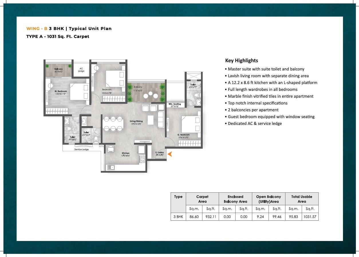 Floor plan of 3 BHK 1031 Sq. Ft. Apartment in AR Mirador, Pune