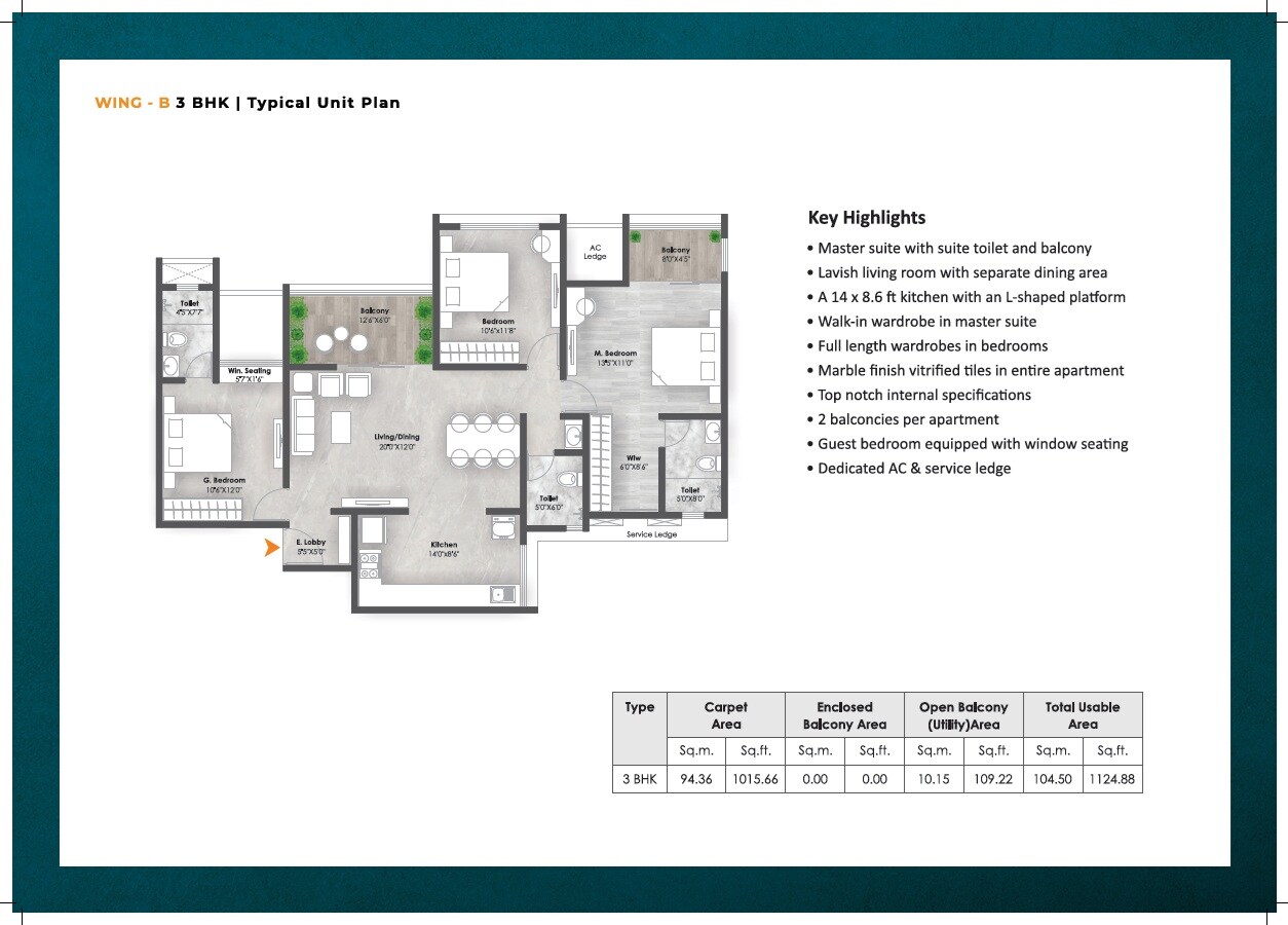 Floor plan of 3 BHK 1124 Sq. Ft. Apartment in AR Mirador, Pune