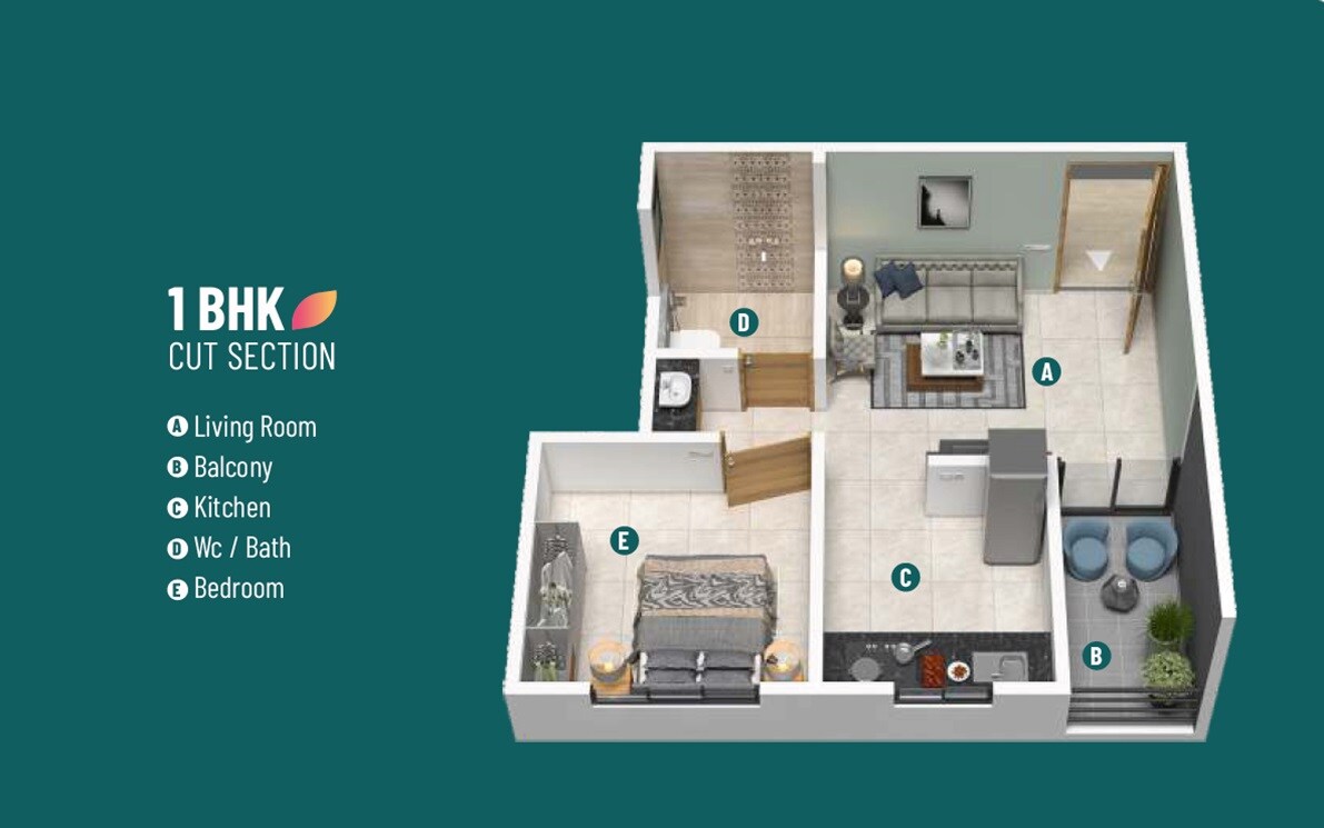 Floor plan of 1 BHK 284 Sq. Ft. Apartment in AR Petal Greens, Pune