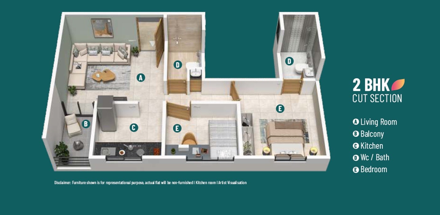 Floor plan of 2 BHK 425 Sq. Ft. Apartment in AR Petal Greens, Pune