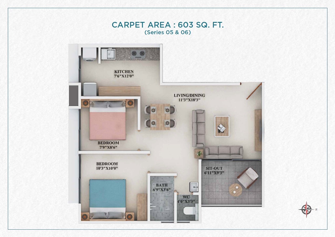 Floor plan of 2 BHK 603 Sq. Ft. Apartment in ARC Finezza, Pune