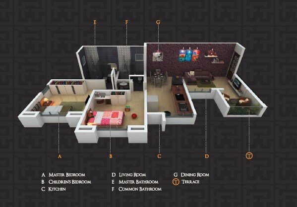 Floor plan of 2 BHK 580 Sq. Ft. Apartment in Arcelia Apartment, Pune