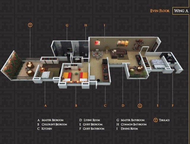 Floor plan of 3 BHK 838 Sq. Ft. Apartment in Arcelia Apartment, Pune
