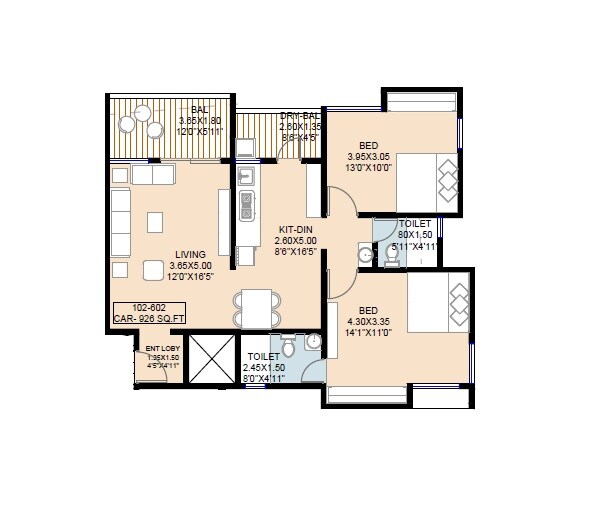 Floor plan of 2 BHK 926 Sq. Ft. Apartment in Archway Anand, Pune