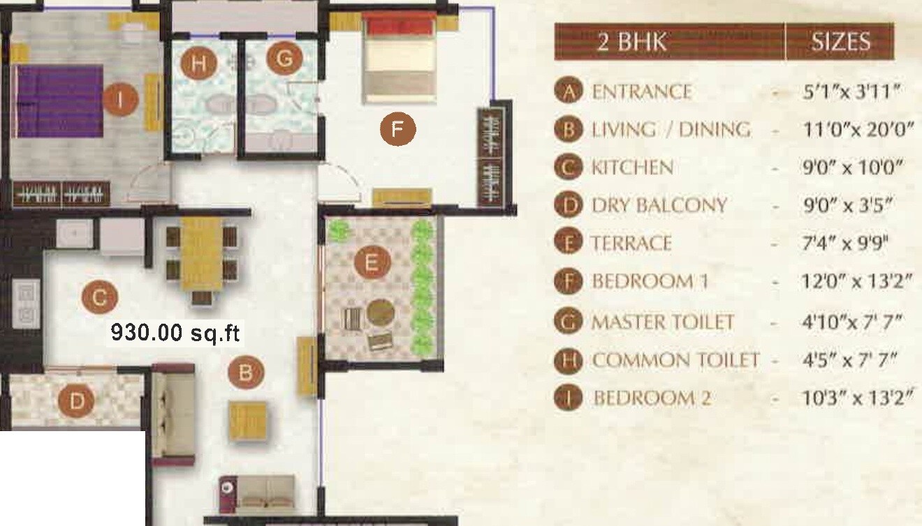 2 BHK 930 Sq. Ft. Apartment