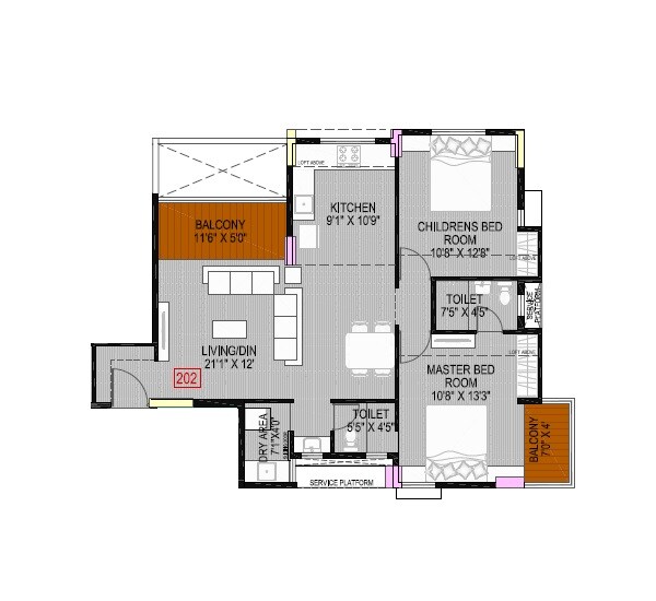 Floor plan of 2 BHK 910 Sq. Ft. Apartment in Archway Shri Laxmi Chhaya, Pune