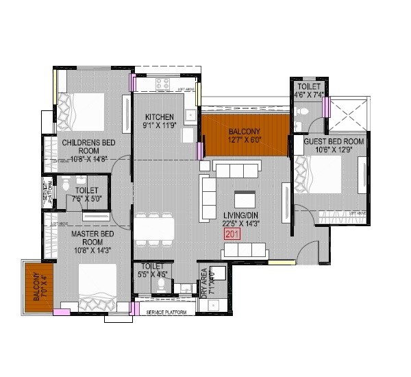 Floor plan of 3 BHK 1221 Sq. Ft. Apartment in Archway Shri Laxmi Chhaya, Pune