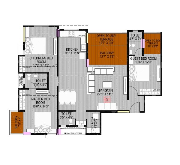 Floor plan of 3 BHK 1322 Sq. Ft. Apartment in Archway Shri Laxmi Chhaya, Pune