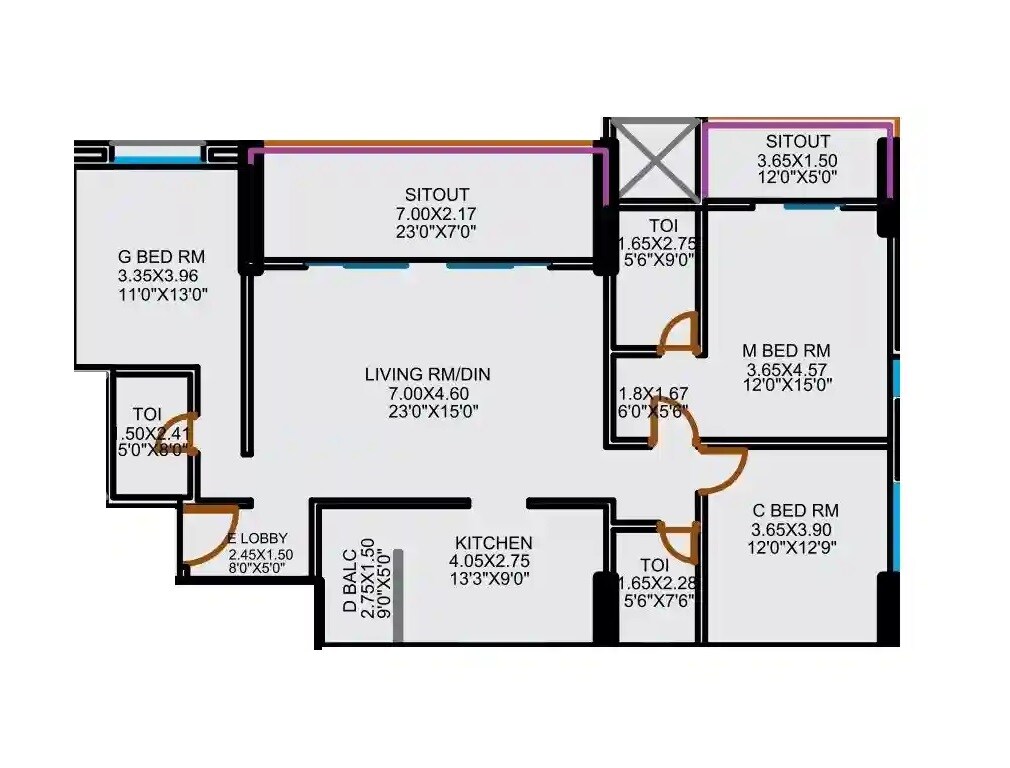 Floor plan of 3 BHK 1550 Sq. Ft. Apartment in Arco Skylife, Pune
