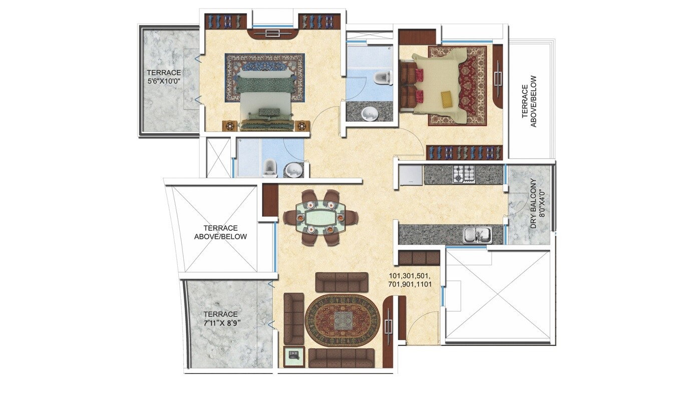 Floor plan of 2 BHK 632 Sq. Ft. Apartment in ARG Krishnas Blessings, Pune
